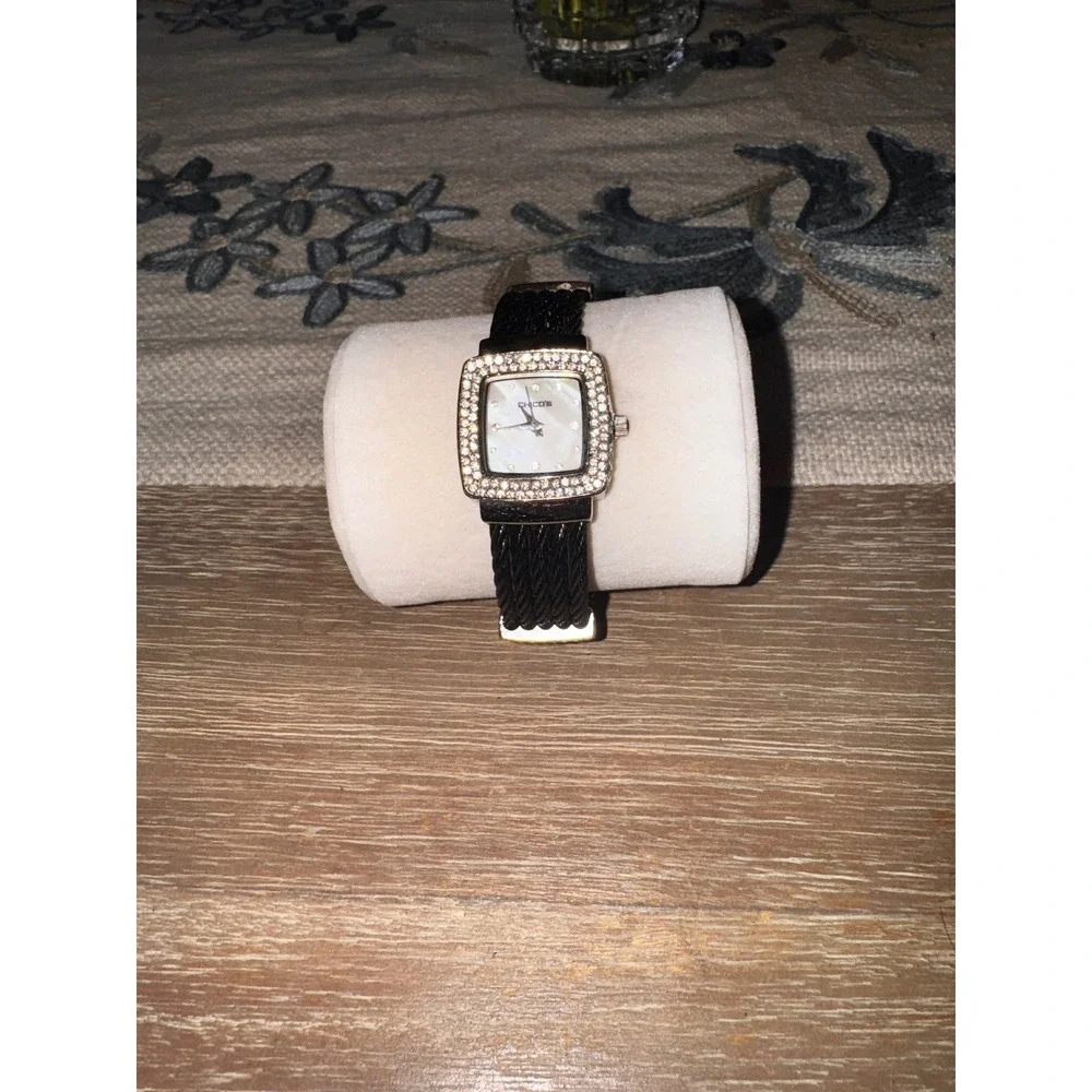 Chicos Square Crystal Accented Watch Black Cable Band Mother of Pearl Dial‎